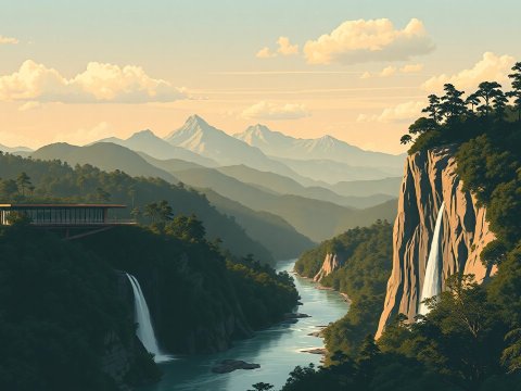 Serene Mountain River Landscape with Waterfalls and Modern House