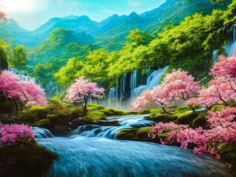 Serene Mountain River with Blossoming Cherry Trees