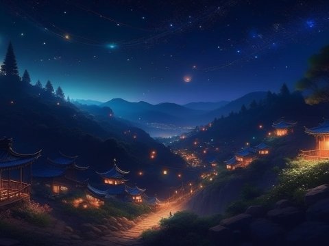 Serene Night in a Mountain Village with Lanterns