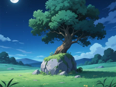 Serene Night Landscape with Lone Tree on Rock