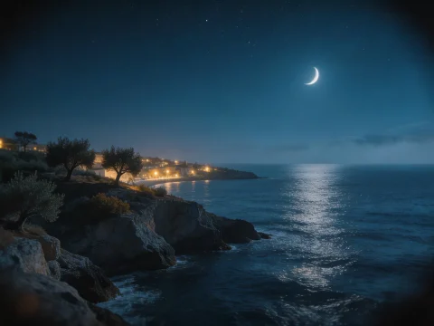 Serene Peninsula at Night with Crescent Moon