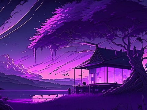 Serene Purple Twilight at Lakeside Japanese House