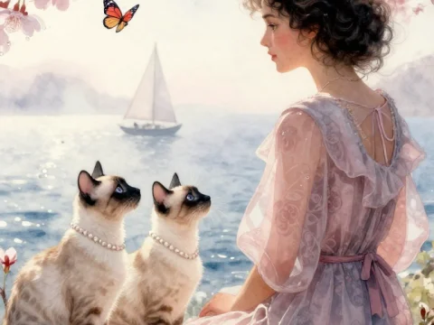 Serene Sakura Moment with Lady and Cats by the Sea