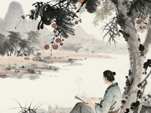 Serene Scholar Reading by the Riverside in Traditional Ink Style