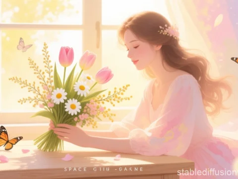 Serene Spring Morning with Flowers and Butterflies