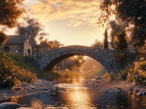 Serene Stone Bridge Over Tranquil Stream at Sunset
