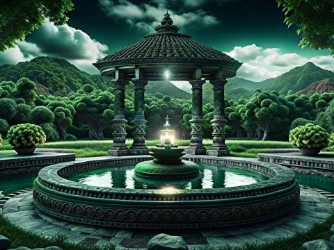 Serene Stone Gazebo with Reflecting Pool in Lush Garden