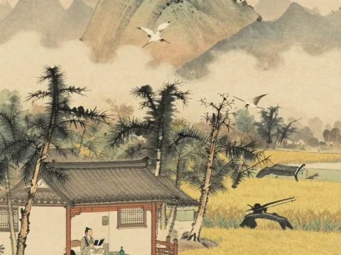 Serene Summer Ink Painting of a Scholar in a Countryside Pavilion