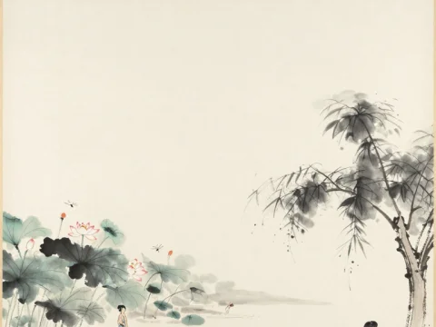 Serene Summer Scene with Lotus and Figures by the Water