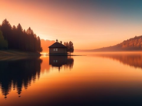 Serene Sunrise Over Tranquil Lake with Cabin Reflection