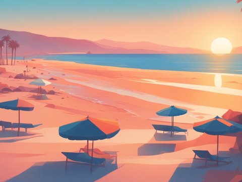 Serene Sunset Beach with Umbrellas and Palm Trees