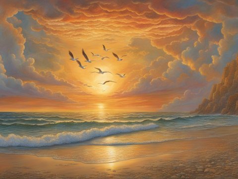 Serene Sunset Over Ocean Waves and Rocky Cliff