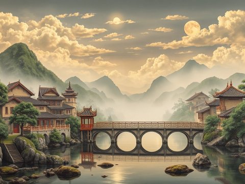 Serene Traditional Asian Village by Misty Mountains