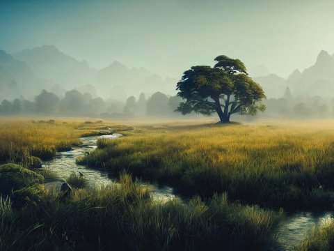 Serene Tree by a Meandering River at Evening