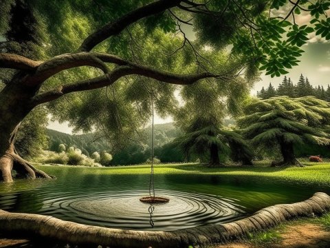 Serene Tree Swing Over a Tranquil Forest Pond
