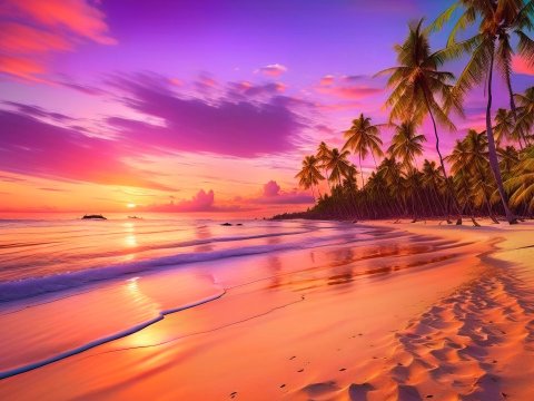 Serene Tropical Beach Sunset with Palm Trees