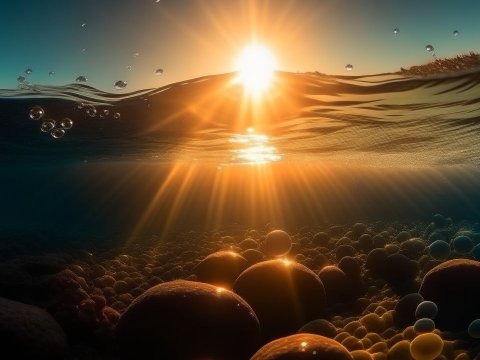 Serene Underwater Sunrise with Light Rays and Bubbles