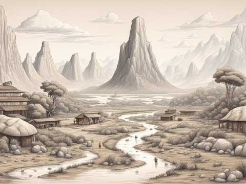 Serene Village by a Winding River with Towering Mountains