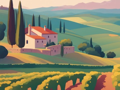 Serene Vineyard Landscape with Tuscan Villa