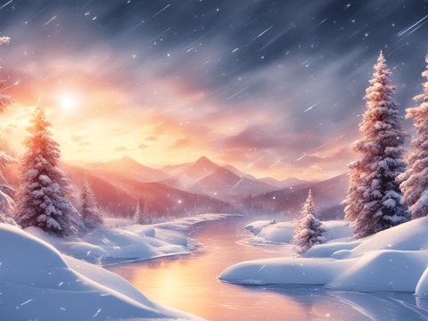 Serene Winter Landscape at Sunset with Snow-Covered Pines