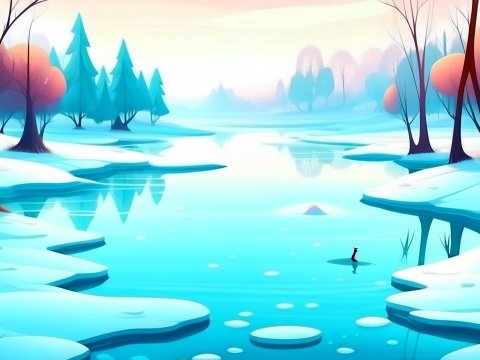 Serene Winter Landscape with Frozen Lake and Colorful Trees