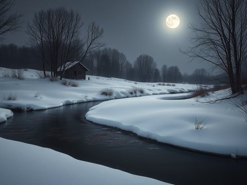 Serene Winter Night by a Snow-Covered River