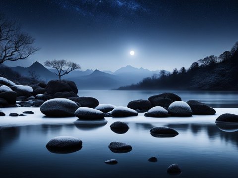 Serene Winter Night by a Snow-Covered River