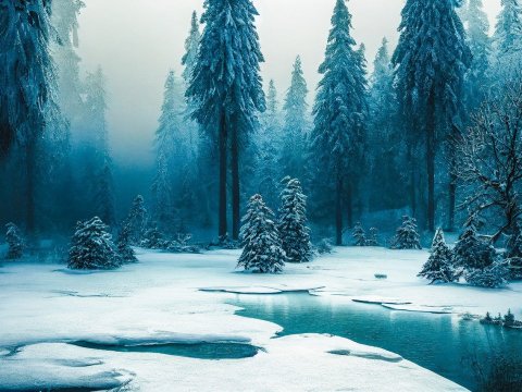 Serene Winter River in Snow-Covered Forest