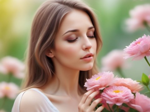 Serene Woman Enjoying Pink Flowers in Soft Natural Light