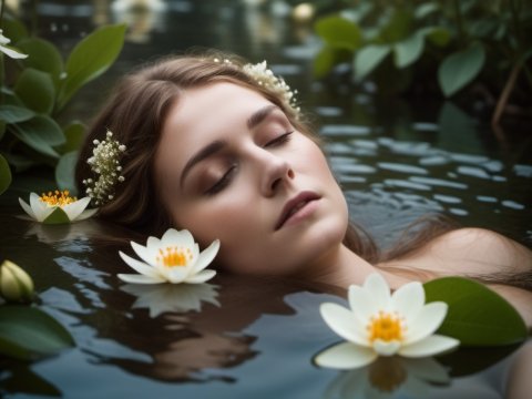 Serene Woman Floating Among Water Lilies