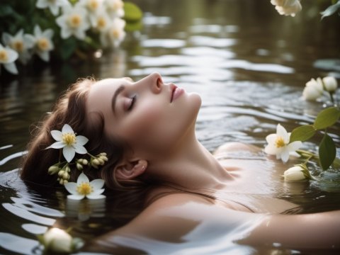 Serene Woman Floating in Water with White Flowers