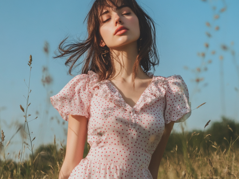 Serene Woman in Polka Dot Dress in a Sunny Field
