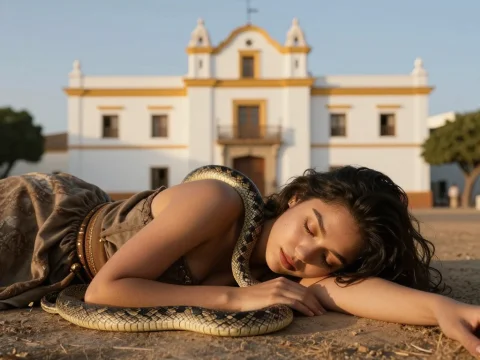 Serene Woman Resting with Snake in Front of Historic Building