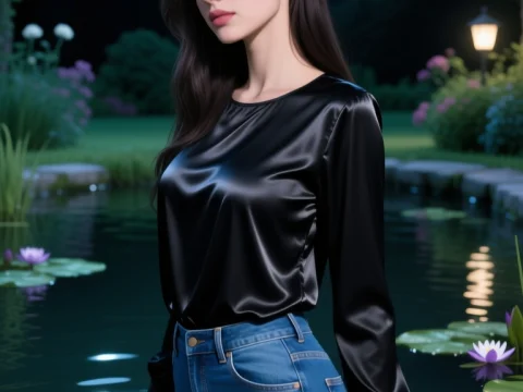 Serene Woman Standing in Garden Pond at Night