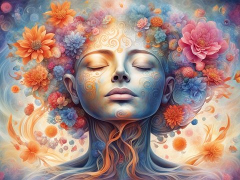 Serene Woman with Floral and Swirling Patterns