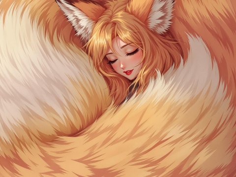 Serene Woman with Fox Ears Wrapped in Fluffy Tail