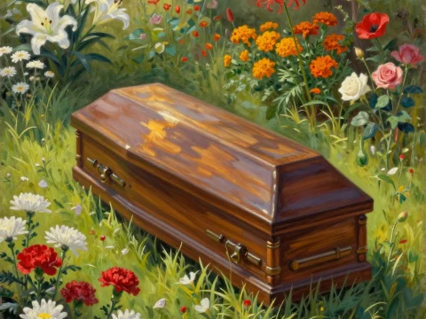Serene Wooden Coffin Surrounded by Vibrant Flowers