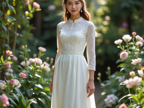 Serene Young Woman in Elegant White Dress in Blooming Garden