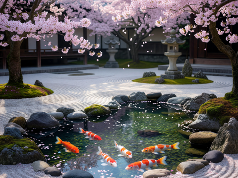 Serene Zen Garden with Koi Fish and Cherry Blossoms