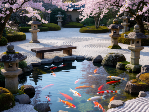 Serene Zen Garden with Koi Pond and Cherry Blossoms