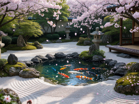 Serene Zen Garden with Koi Pond and Cherry Blossoms