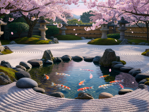 Serene Zen Garden with Koi Pond and Cherry Blossoms