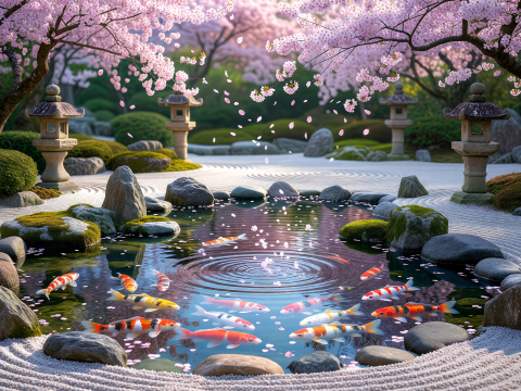 Serene Zen Garden with Koi Pond and Cherry Blossoms