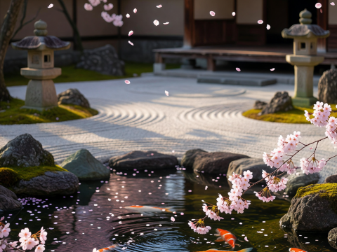 Serene Zen Garden with Koi Pond and Cherry Blossoms
