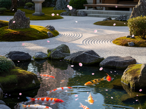 Serene Zen Garden with Koi Pond and Cherry Blossoms