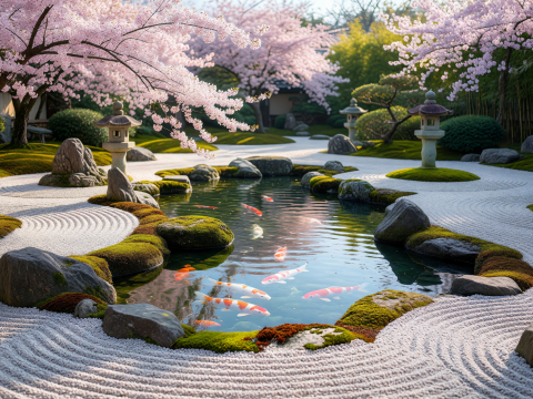 Serene Zen Garden with Koi Pond and Cherry Blossoms
