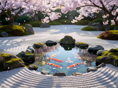 Serene Zen Garden with Koi Pond and Cherry Blossoms