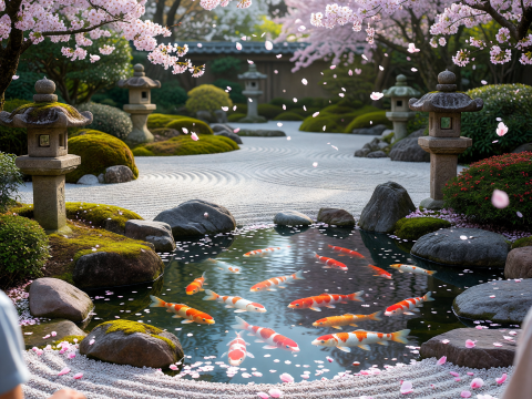 Serene Zen Garden with Koi Pond and Cherry Blossoms