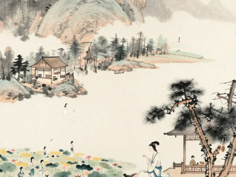 Serene Zen Ink Landscape with Women and Lotus Flowers