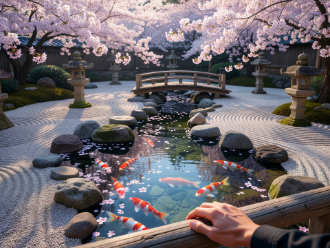 Serene Zen Koi Pond with Cherry Blossoms